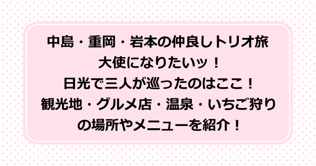 中島・重岡・岩本の仲良しトリオ旅 大使になりたいッ！日光で三人が巡ったのはここ！観光地の東照宮や蕎麦屋、いろは坂や中禅寺湖・グルメ店・リッツカールトン温泉・日光ストロベリーパークのいちご狩りの場所やメニューを紹介！