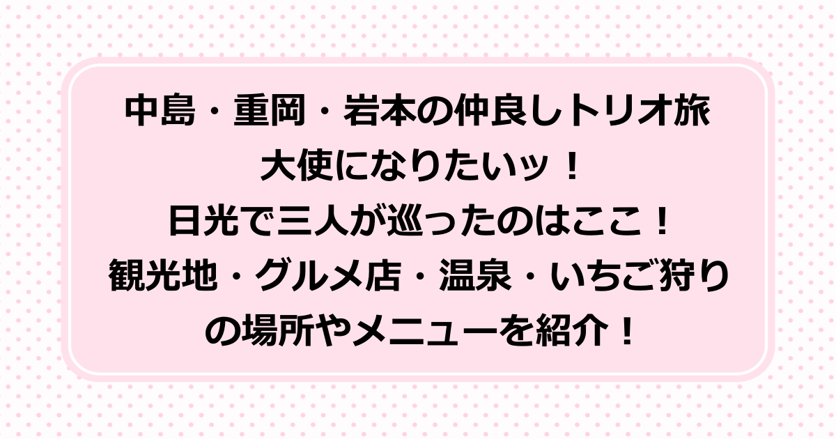 中島・重岡・岩本の仲良しトリオ旅 大使になりたいッ！日光で三人が巡ったのはここ！観光地の東照宮や蕎麦屋、いろは坂や中禅寺湖・グルメ店・リッツカールトン温泉・日光ストロベリーパークのいちご狩りの場所やメニューを紹介！