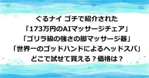 ぐるナイ ゴチで紹介された「173万円のAIマッサージチェア」と「ゴリラ級の強さの脚マッサージ器」と「世界一のゴッドハンドによるヘッドスパ」がどこで試せてどこで買えて価格はいくらかを紹介。 どこで試せて買える？価格は？