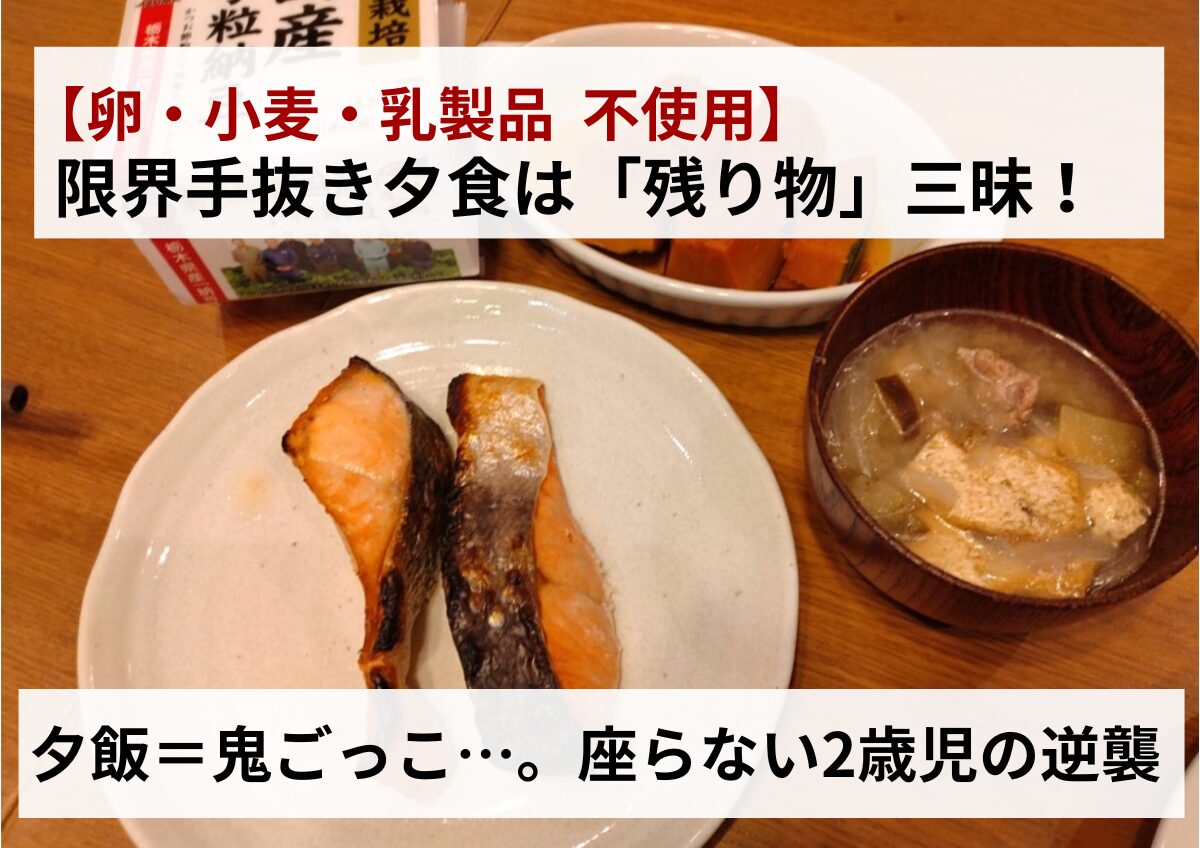 【卵・小麦・乳製品なし】アレルギー対応で何も作りたくない時の簡単夕食「鮭とみそ汁」&座らない2歳児の逃亡立ち食い地獄